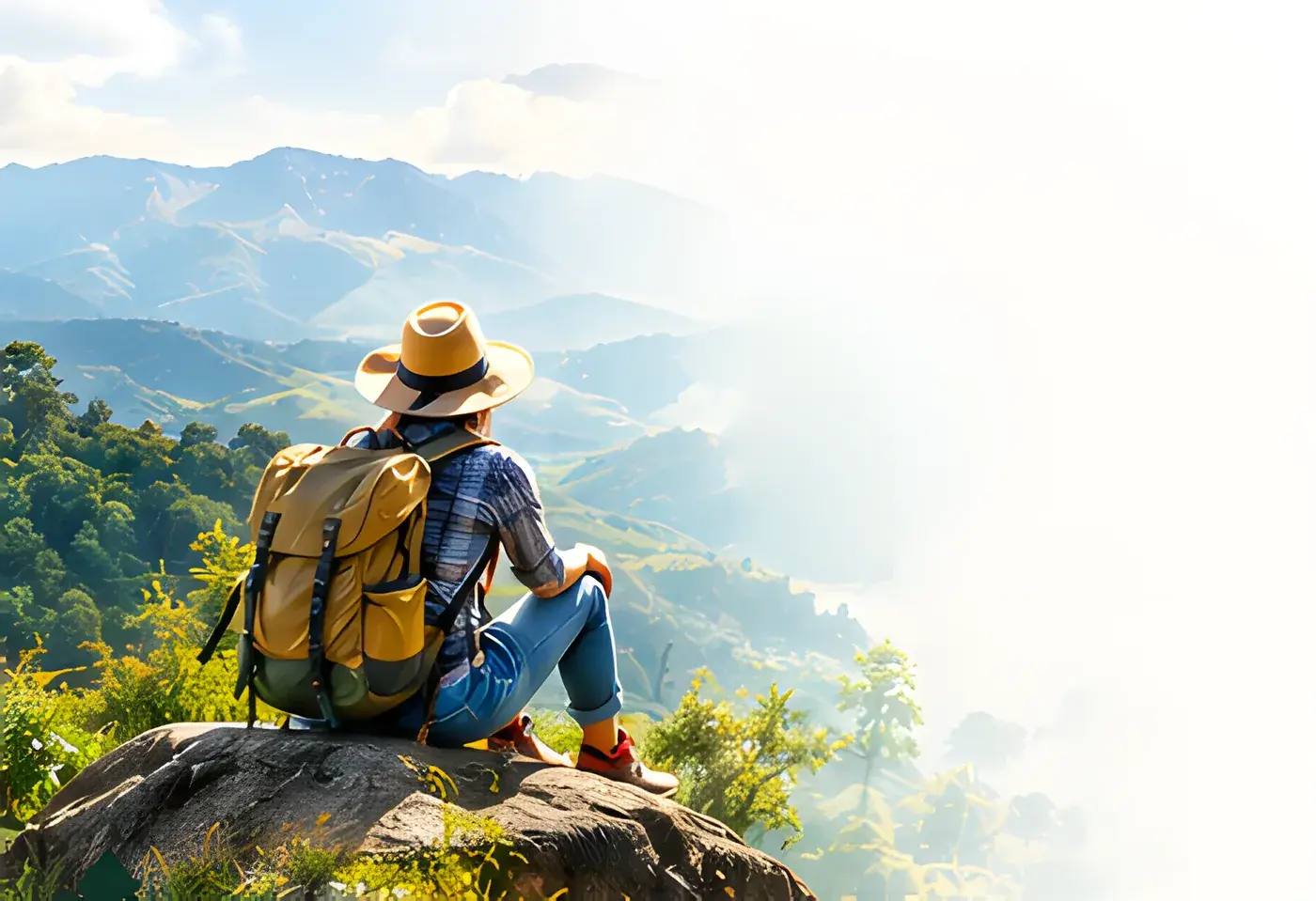 Traveller with a backpack resting on a rock above misty Nilgiri hills