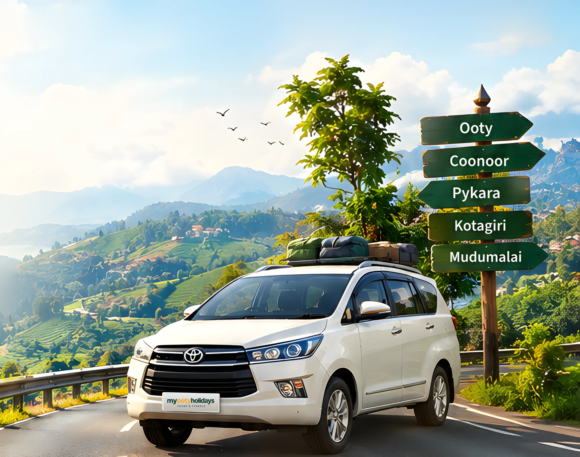 My Ooty Holidays taxi on a winding hill road near Ooty, beside a signpost to Ooty, Coonoor, Pykara, Kotagiri and Mudumalai